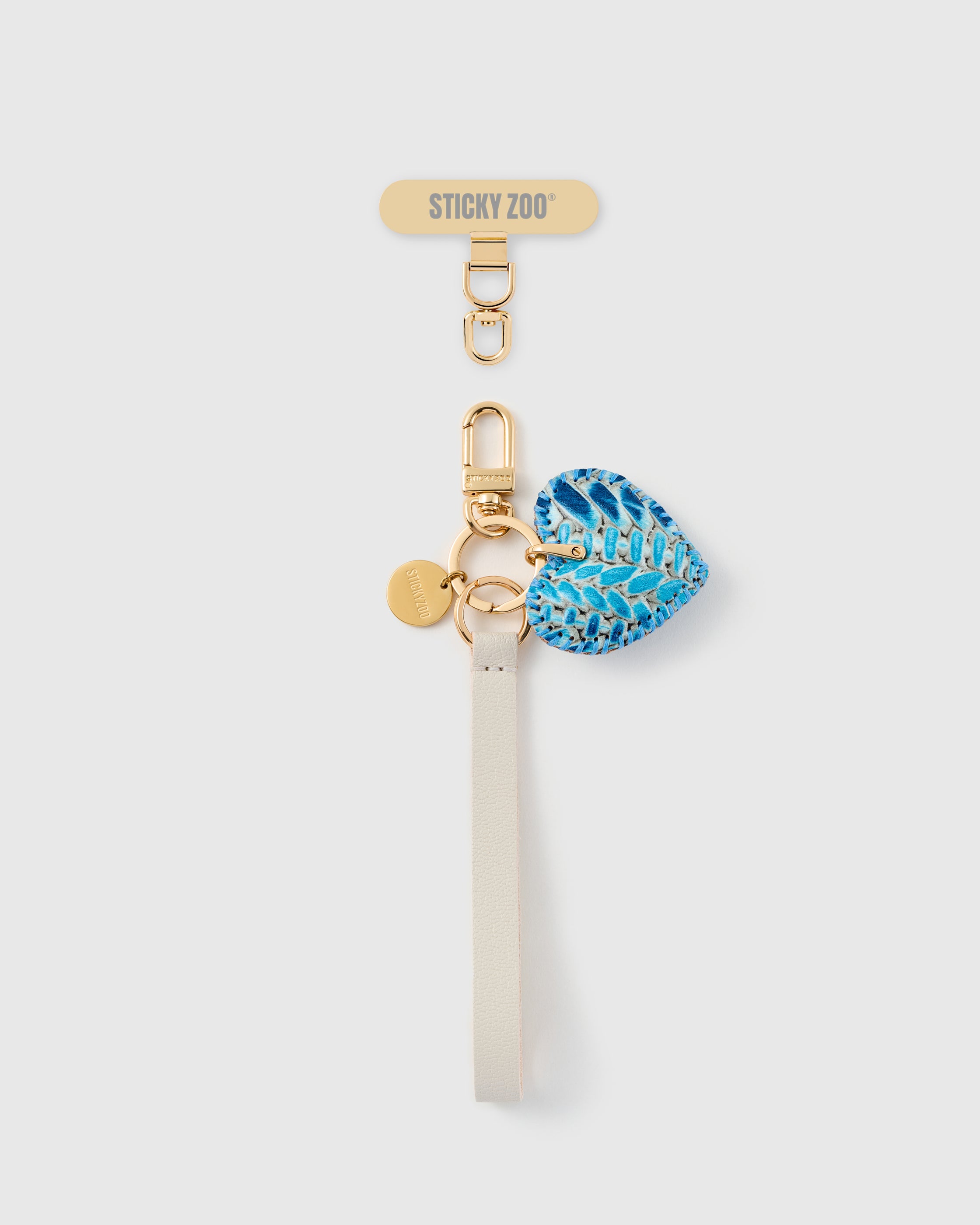 STICKYZOO azure python heart leather phone strap flat, blue python-print calf-hair heart on ivory Alran leather with gold hook