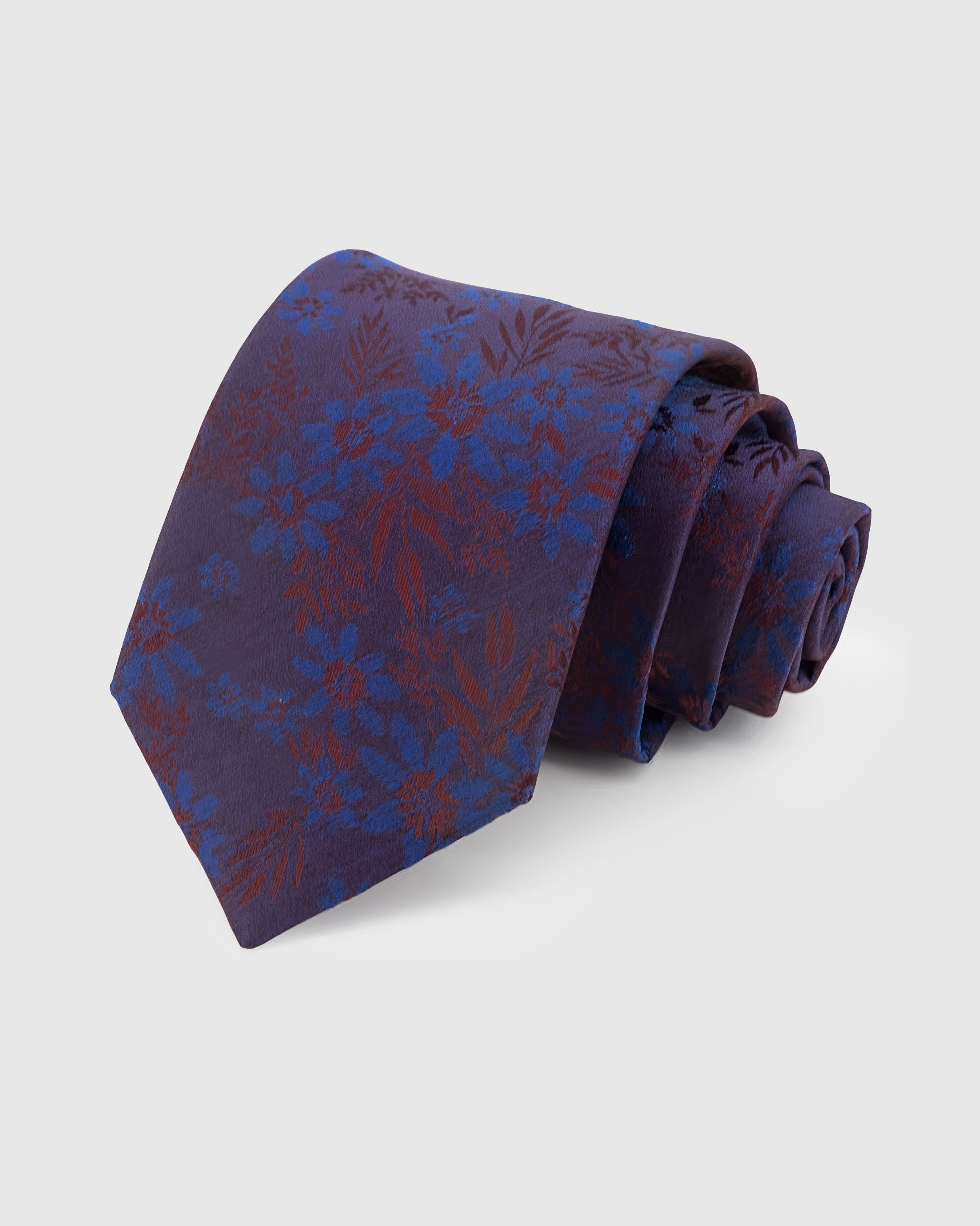 STICKYZOO Plum Botanical Tie — hand-embroidered plum / cobalt mulberry silk with botanical floral pattern