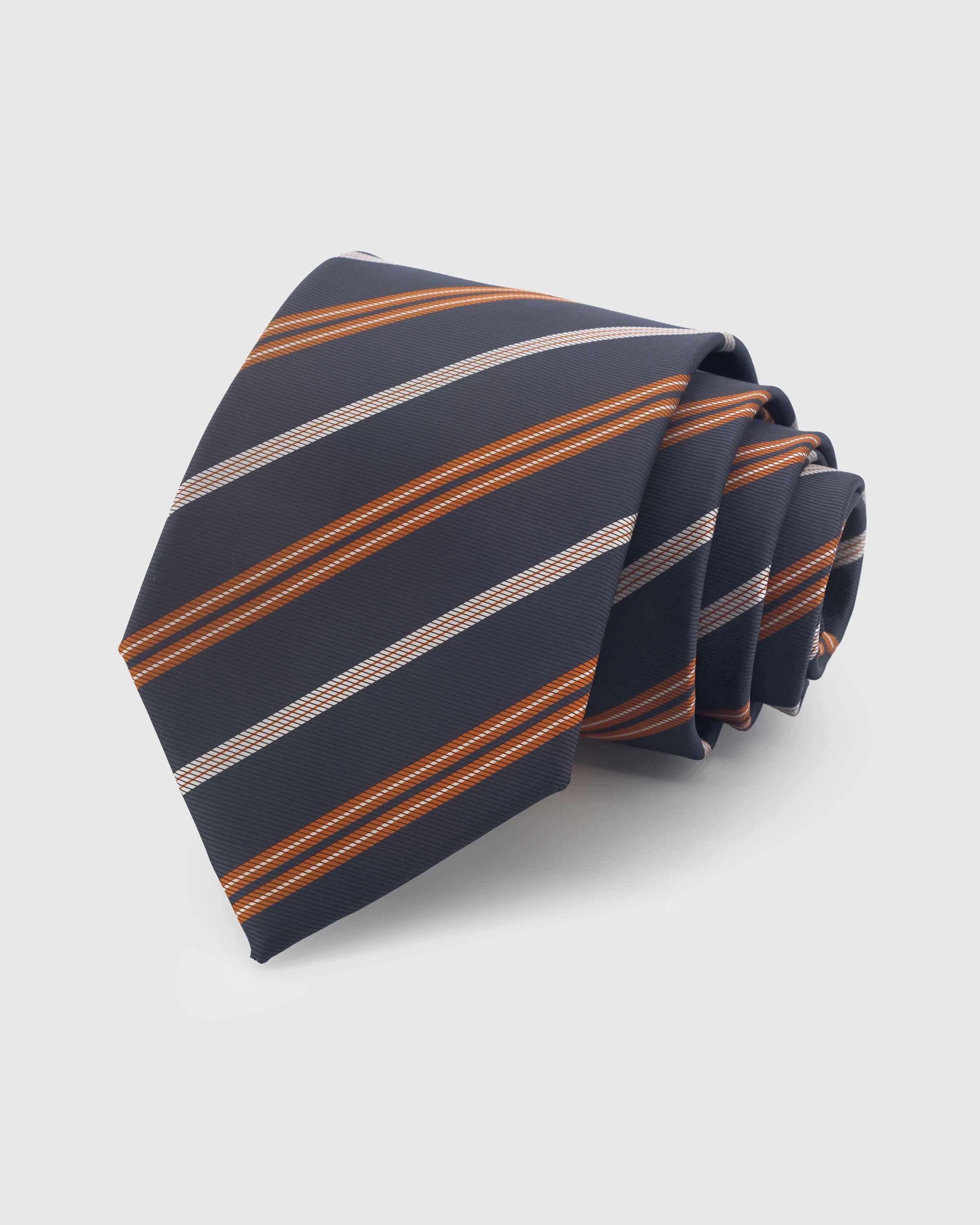 {100% mulberry silk weave} STICKYZOO SLATE AMBER STRIPE TIE in hand-embroidered mulberry silk with regimental stripe motif, 45° bias-cut Italian method