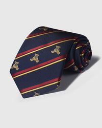 100% mulberry silk STICKYZOO Regiment Teddy Tie in navy with red and gold regimental stripes and embroidered teddy motifs, rolled