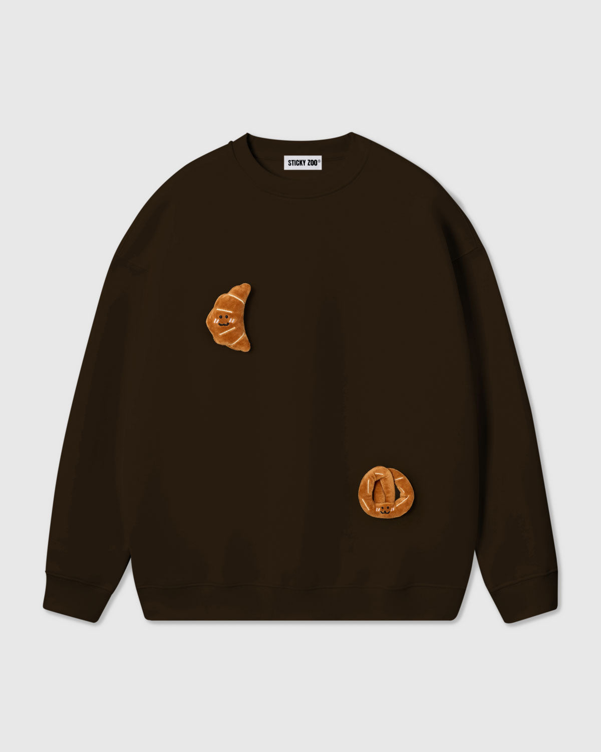{{Built to last, not fade}} STICKYZOO Double Croissant Sweatshirt in brown colorway with matching plush croissant detail