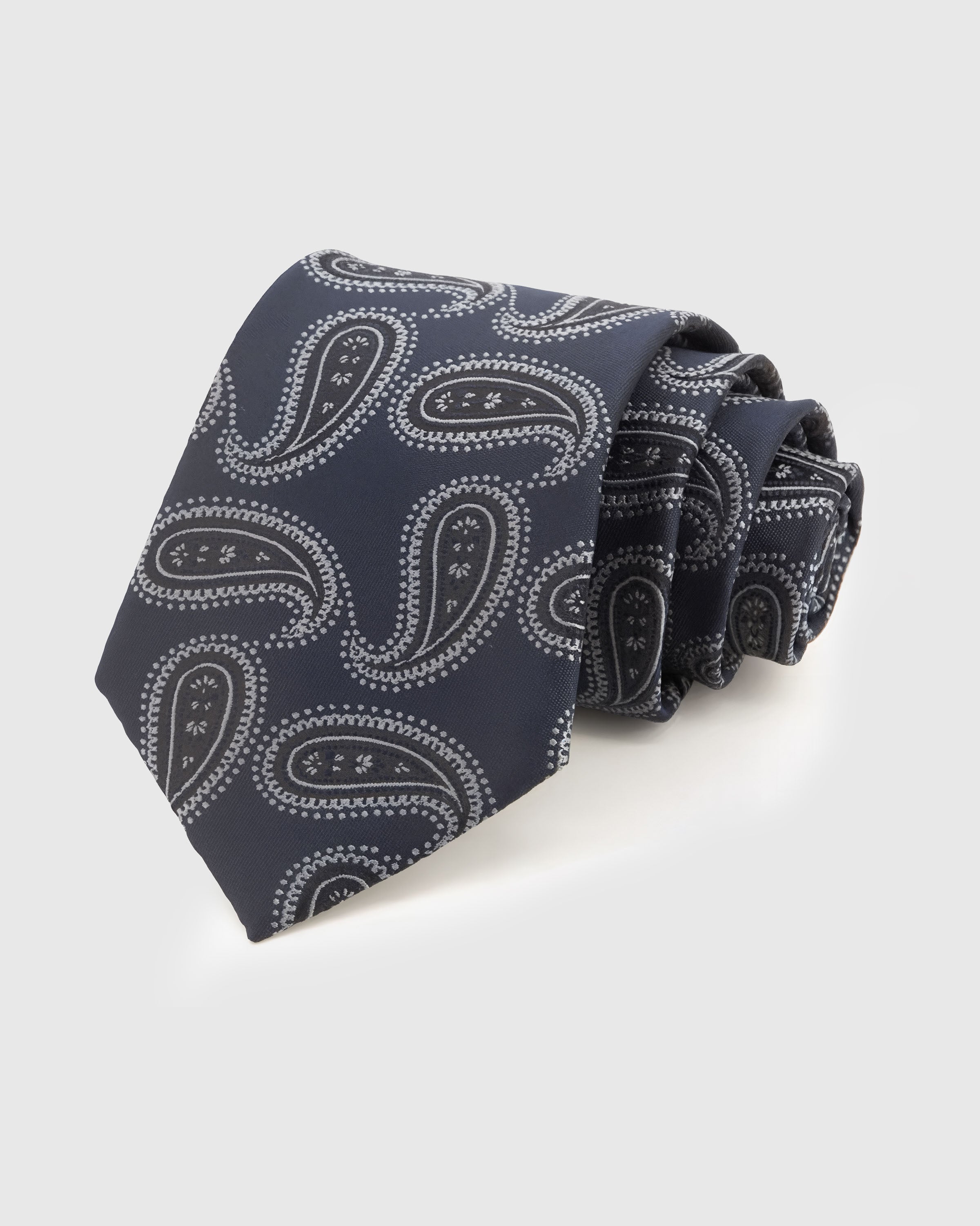 STICKYZOO Charcoal Paisley Tie — hand-embroidered charcoal / silver mulberry silk with outlined paisley pattern