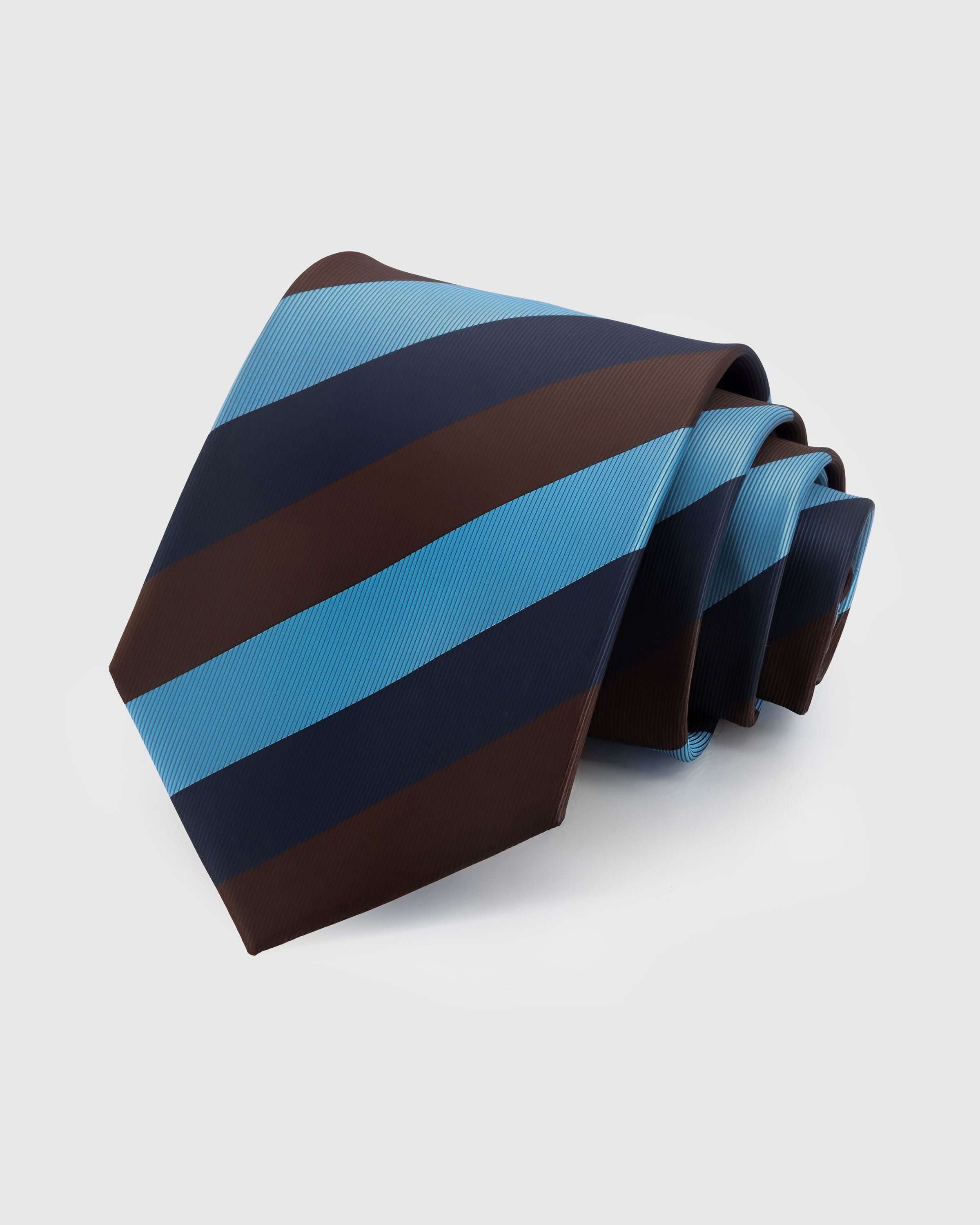 {100% mulberry silk weave} STICKYZOO AZURE BLOCK STRIPE TIE in hand-embroidered mulberry silk with block stripe motif, 45° bias-cut Italian method