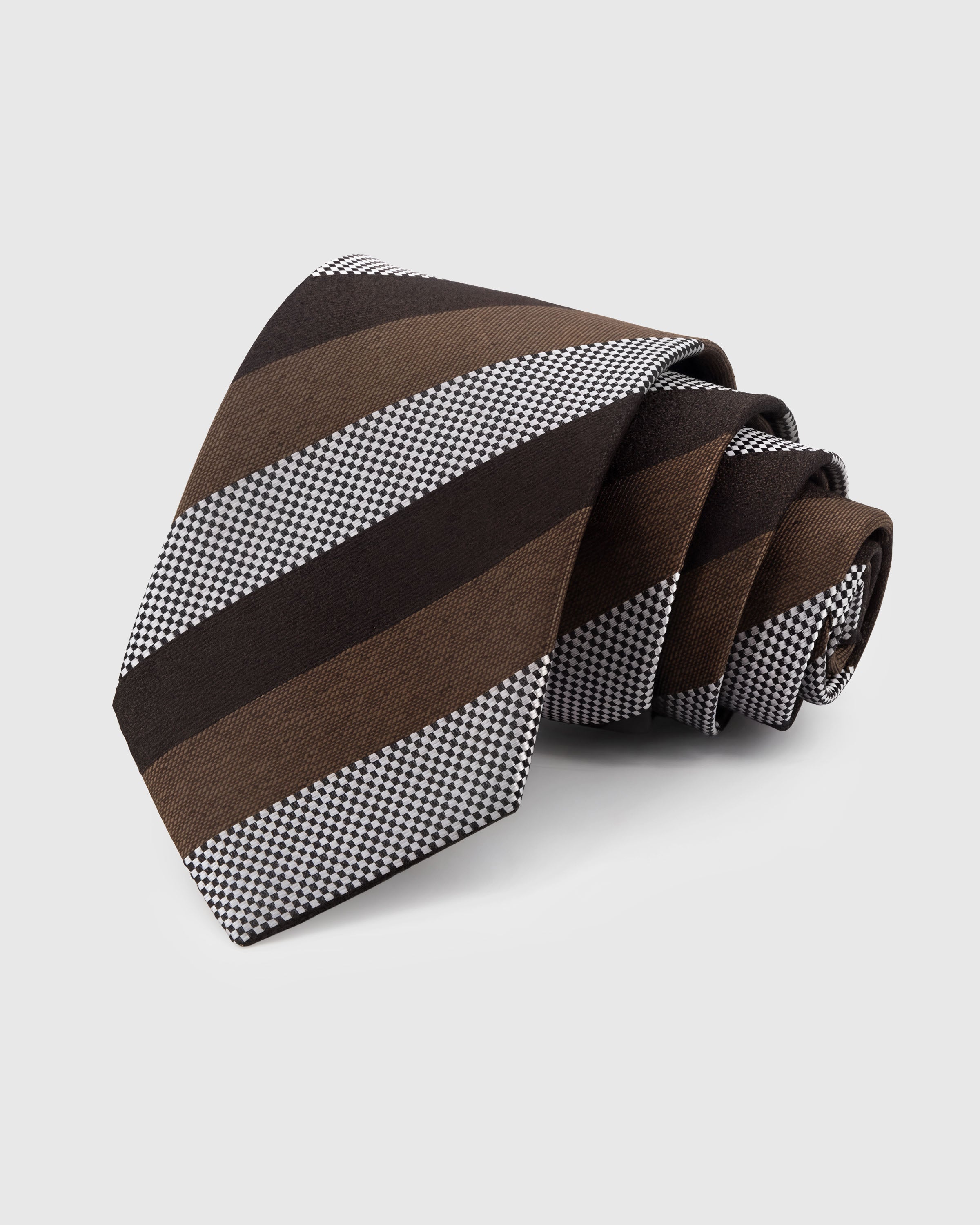 STICKYZOO Cognac Club Tie in mulberry silk with chocolate, cognac, and houndstooth white club stripes, 45° bias-cut Italian method