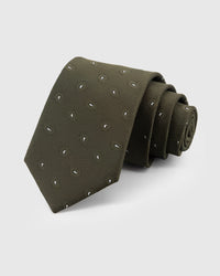 STICKYZOO Moss Paisley Tie in hand-embroidered mulberry silk with white paisley drops on olive ground, 45° bias-cut Italian method