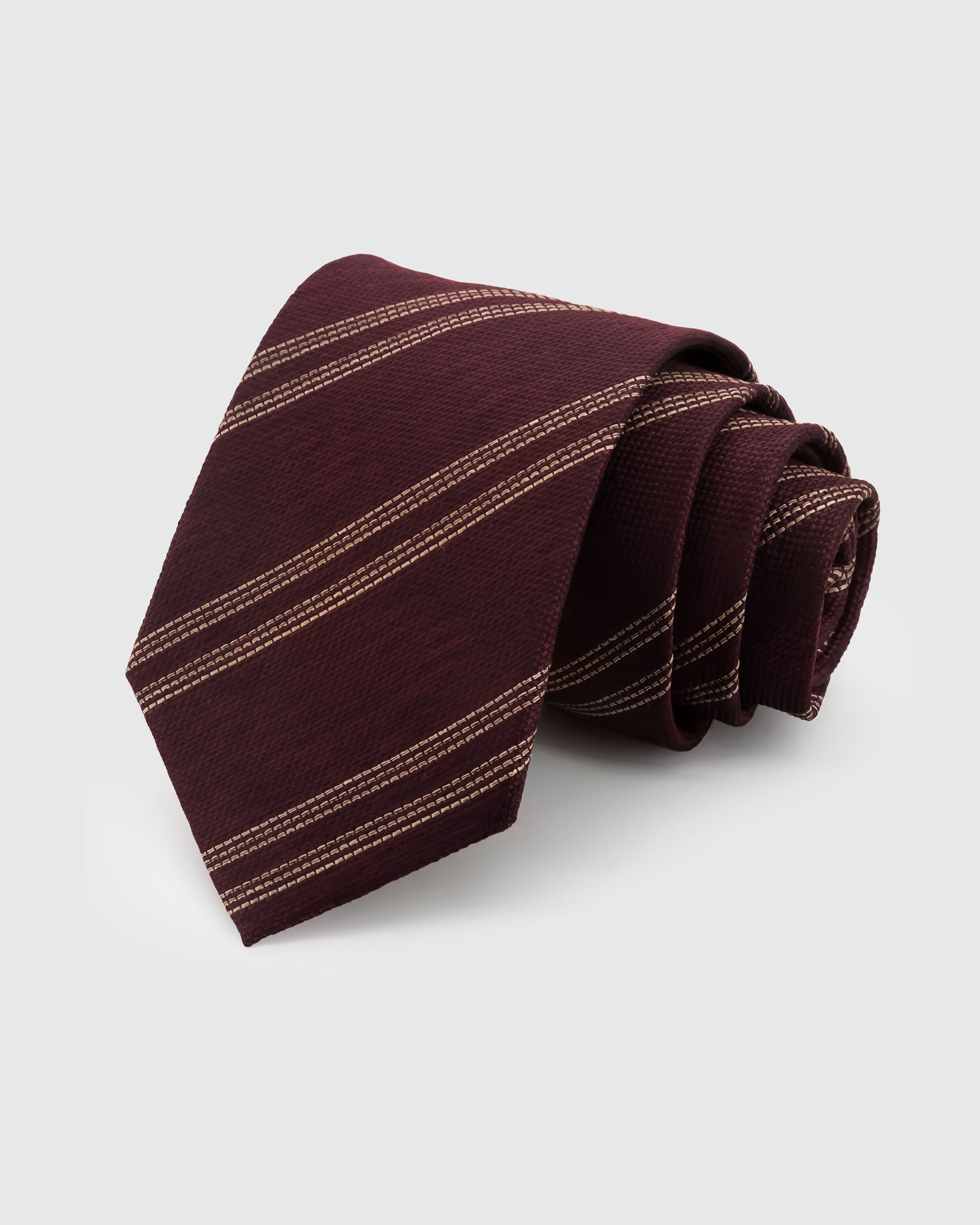 STICKYZOO Wine Repp Stripe Tie — hand-embroidered wine / rose gold mulberry silk with twin repp stripe pattern