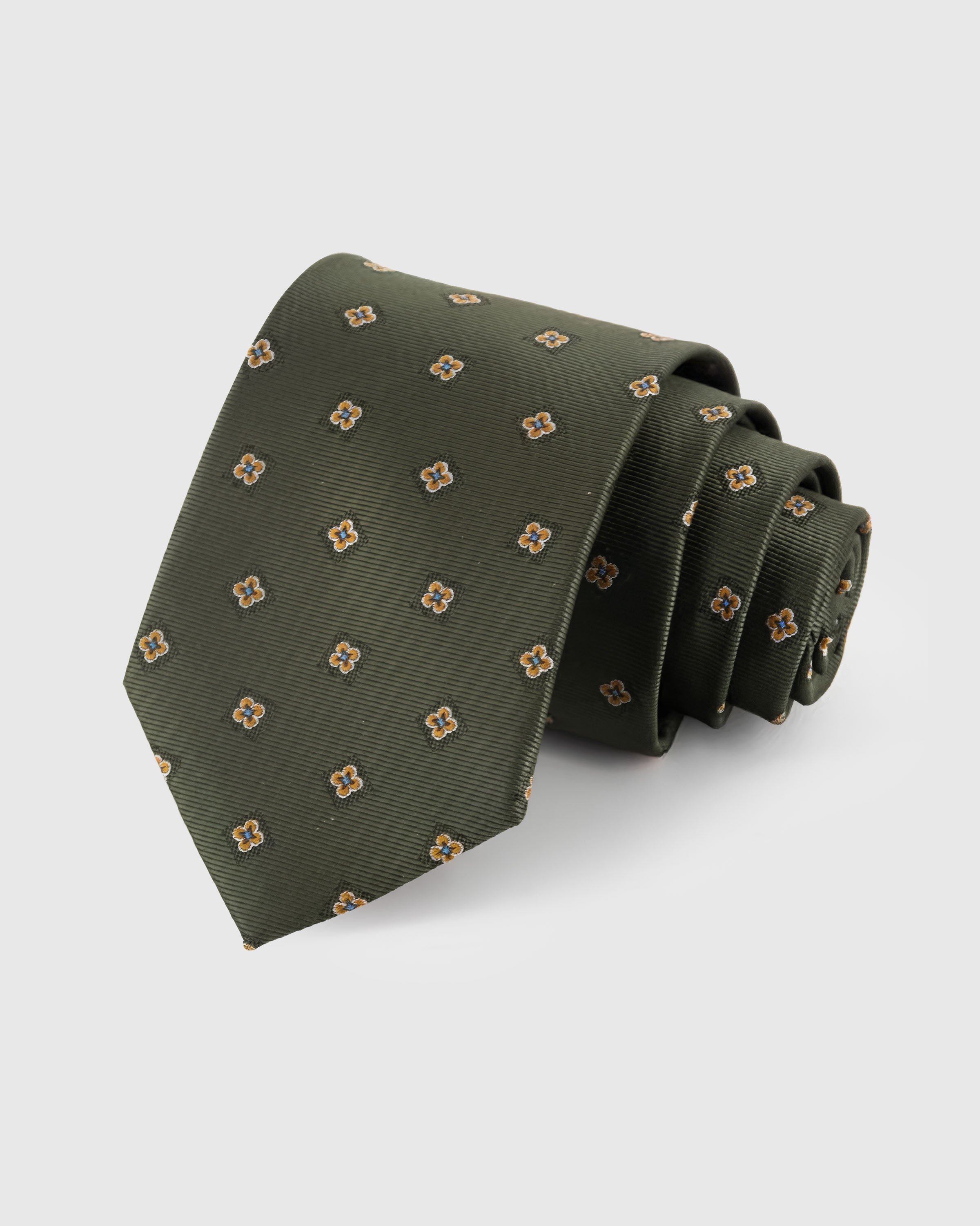 STICKYZOO Olive Floret Tie — hand-embroidered olive / copper mulberry silk with spaced floret pattern