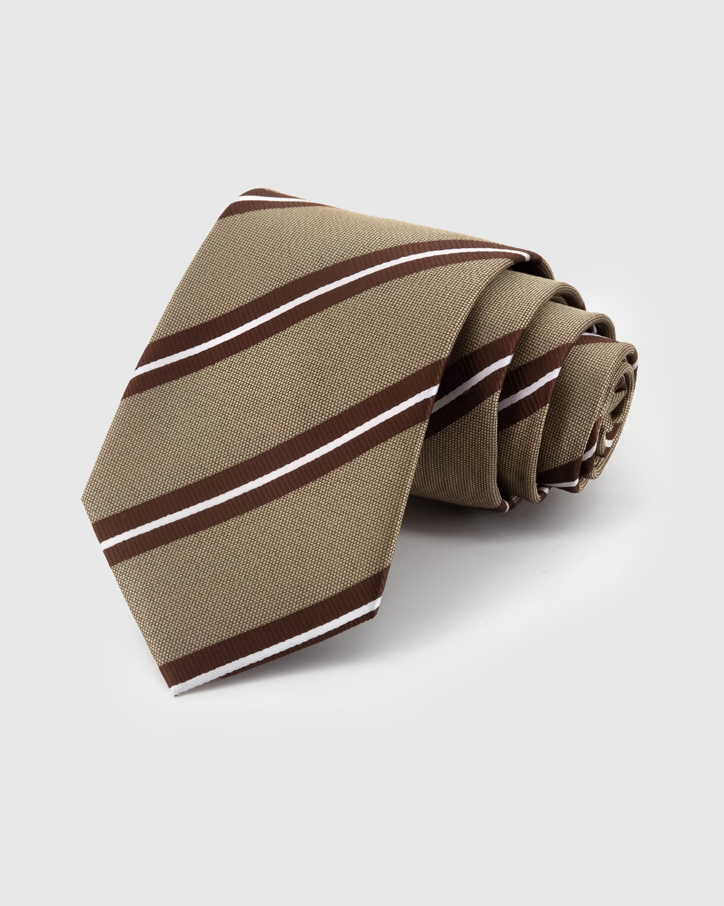 STICKYZOO Khaki Collegiate Tie in hand-embroidered mulberry silk with chestnut and white diagonal stripes, 45° bias-cut Italian method