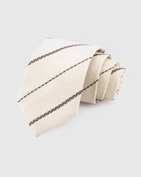 STICKYZOO Ivory Pinstripe Tie in hand-embroidered mulberry silk with charcoal pinstripes on textured cream ground, 45° bias-cut