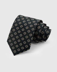 STICKYZOO Onyx Square Tie in hand-embroidered houndstooth mulberry silk with gold square motifs, 45° bias-cut Italian method
