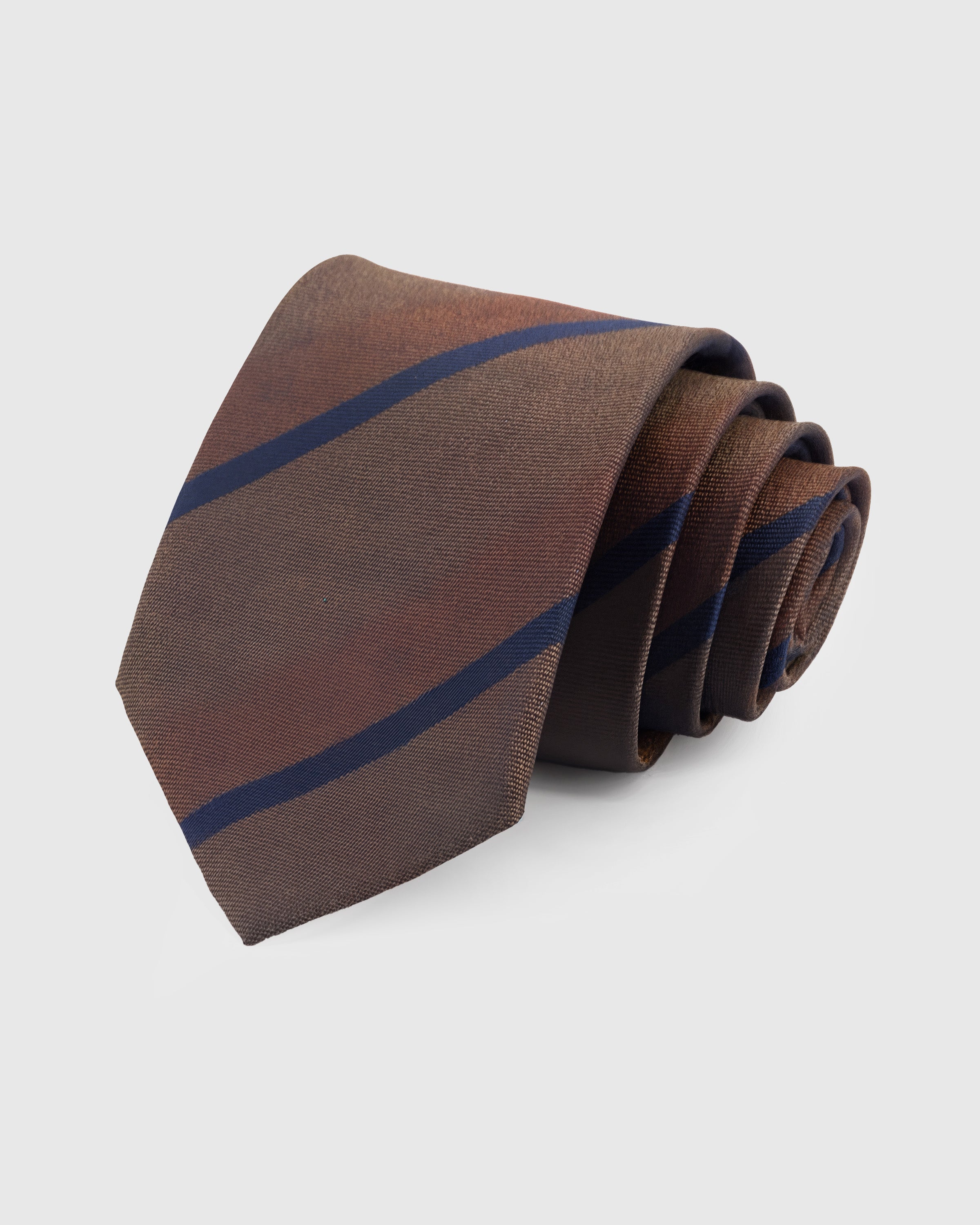 STICKYZOO Tobacco Stripe Tie in hand-embroidered mulberry silk with navy tonal stripes on warm brown textured ground, 45° bias-cut
