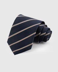 {100% mulberry silk weave} STICKYZOO MIDNIGHT BOURBON STRIPE TIE in hand-embroidered mulberry silk with regimental stripe motif, 45° bias-cut Italian method