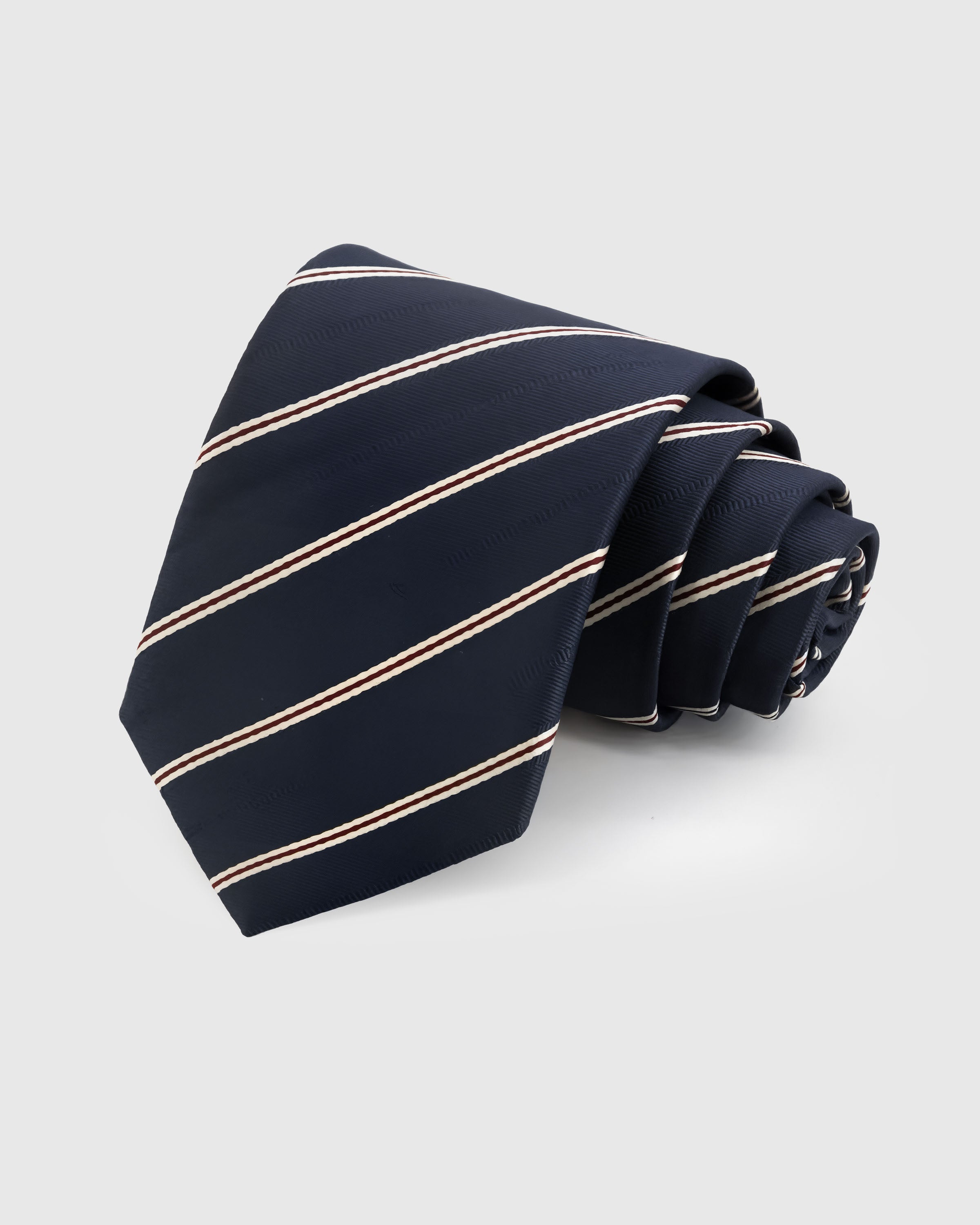 {100% mulberry silk weave} STICKYZOO MIDNIGHT BOURBON STRIPE TIE in hand-embroidered mulberry silk with regimental stripe motif, 45° bias-cut Italian method
