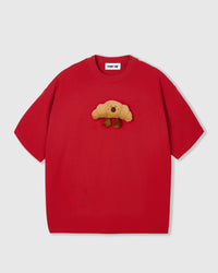 STICKYZOO Runaway Croissant T-Shirt in red with hand-stitched 3D plush croissant character