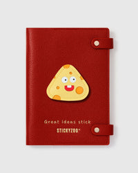 STICKYZOO Cheeze Pop Notebook with handmade French Alran leather charm on red genuine goatskin cover, gold snap closure