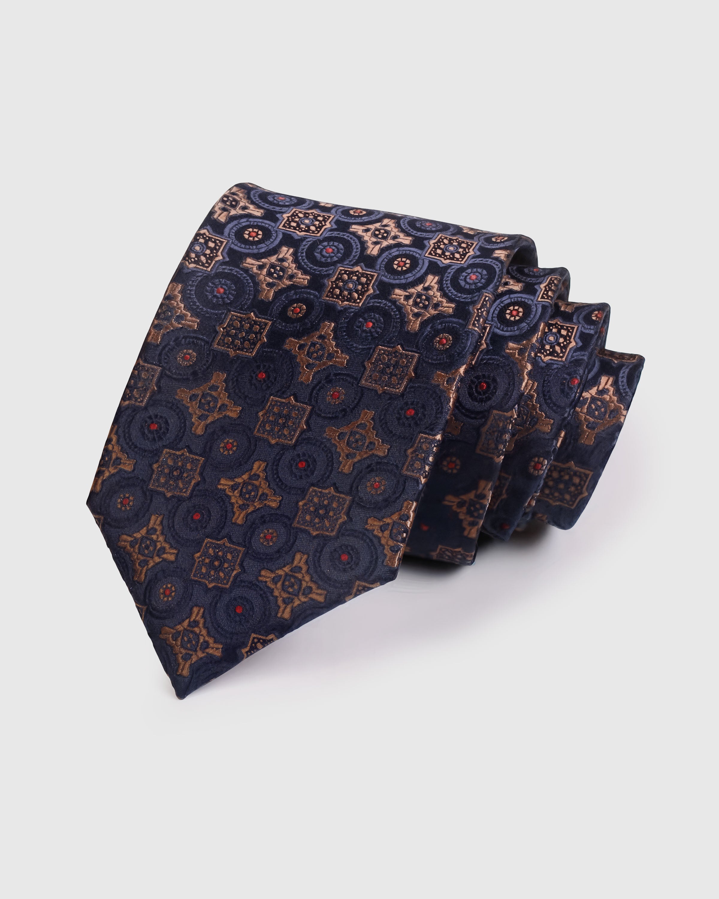 {100% mulberry silk weave} STICKYZOO MIDNIGHT MEDALLION MOSAIC TIE in hand-embroidered mulberry silk with medallion mosaic motif, 45° bias-cut Italian method