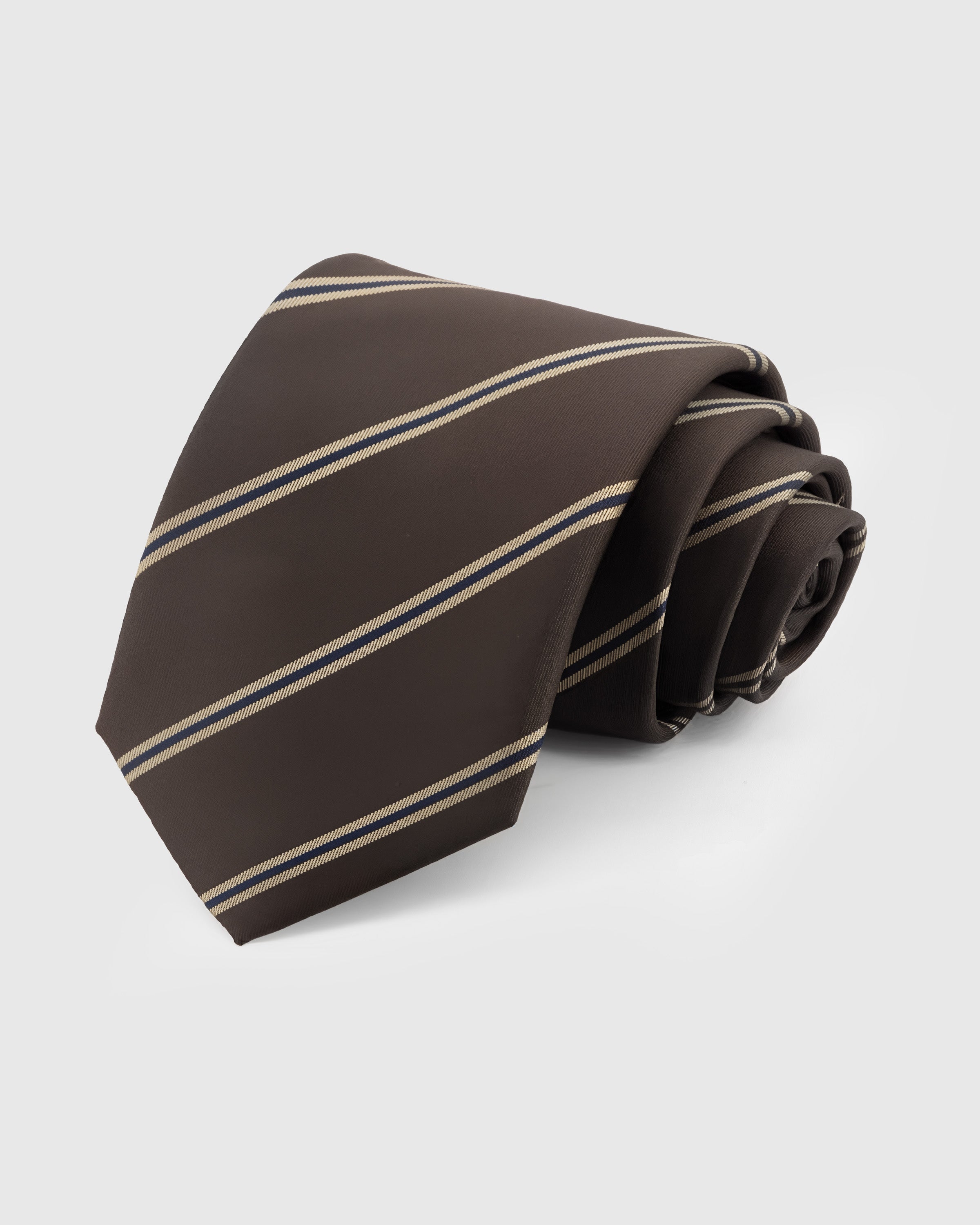 {{100% mulberry silk stripe}} STICKYZOO Espresso Triple Stripe Tie in mulberry silk with navy and gold diagonal triple stripes on espresso ground, 45° bias-cut