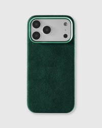 Alcantara phone case in deep forest green with genuine Italian microfiber suede texture