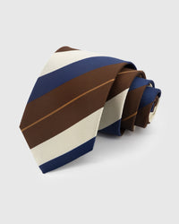 STICKYZOO Claret Broad Stripe Tie in hand-embroidered mulberry silk with cocoa, ivory, and navy diagonal bands, 45° bias-cut