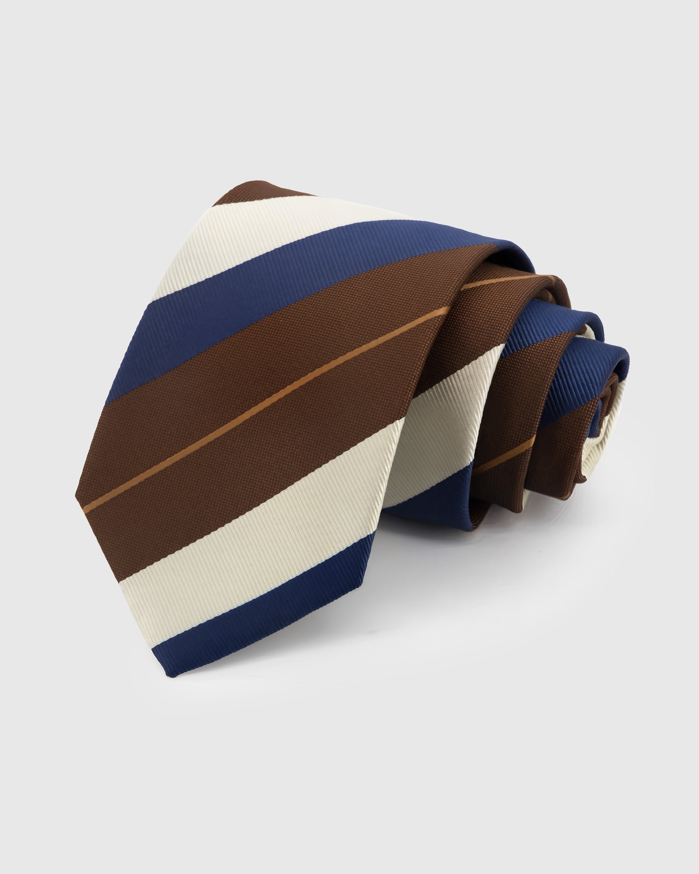 STICKYZOO Claret Broad Stripe Tie in hand-embroidered mulberry silk with cocoa, ivory, and navy diagonal bands, 45° bias-cut