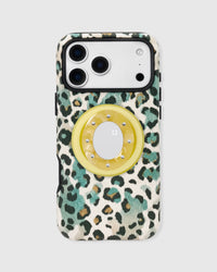 Also in green, the leopard grip case with a yellow studded mirror pop-grip