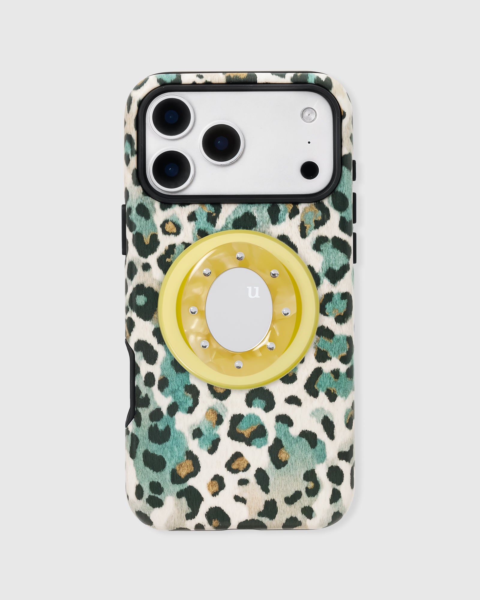 Also in green, the leopard grip case with a yellow studded mirror pop-grip