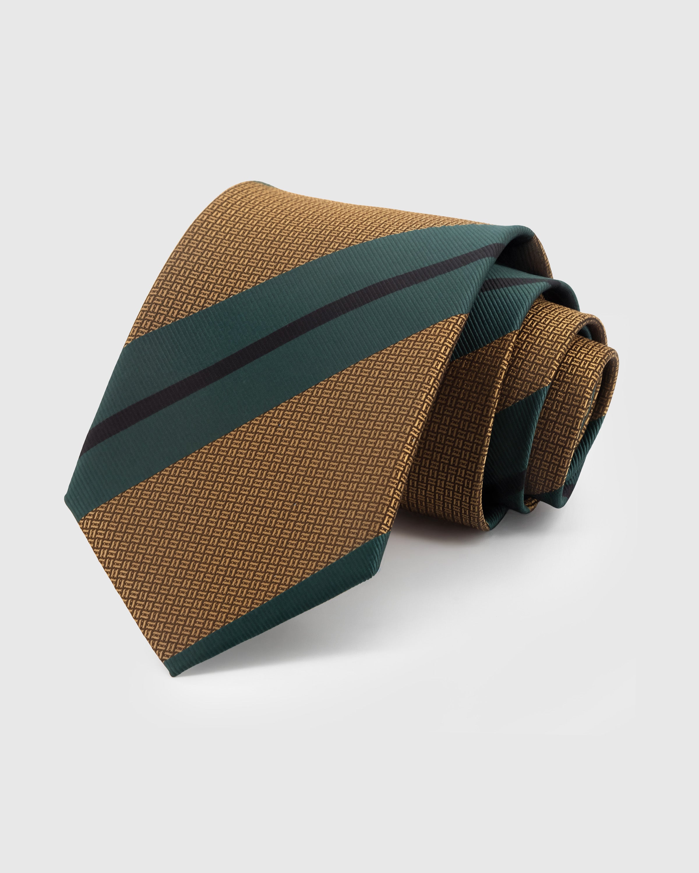 STICKYZOO Amber Teal Stripe Tie in mulberry silk with teal and cocoa diagonal stripes on basket-weave ground, 45° bias-cut