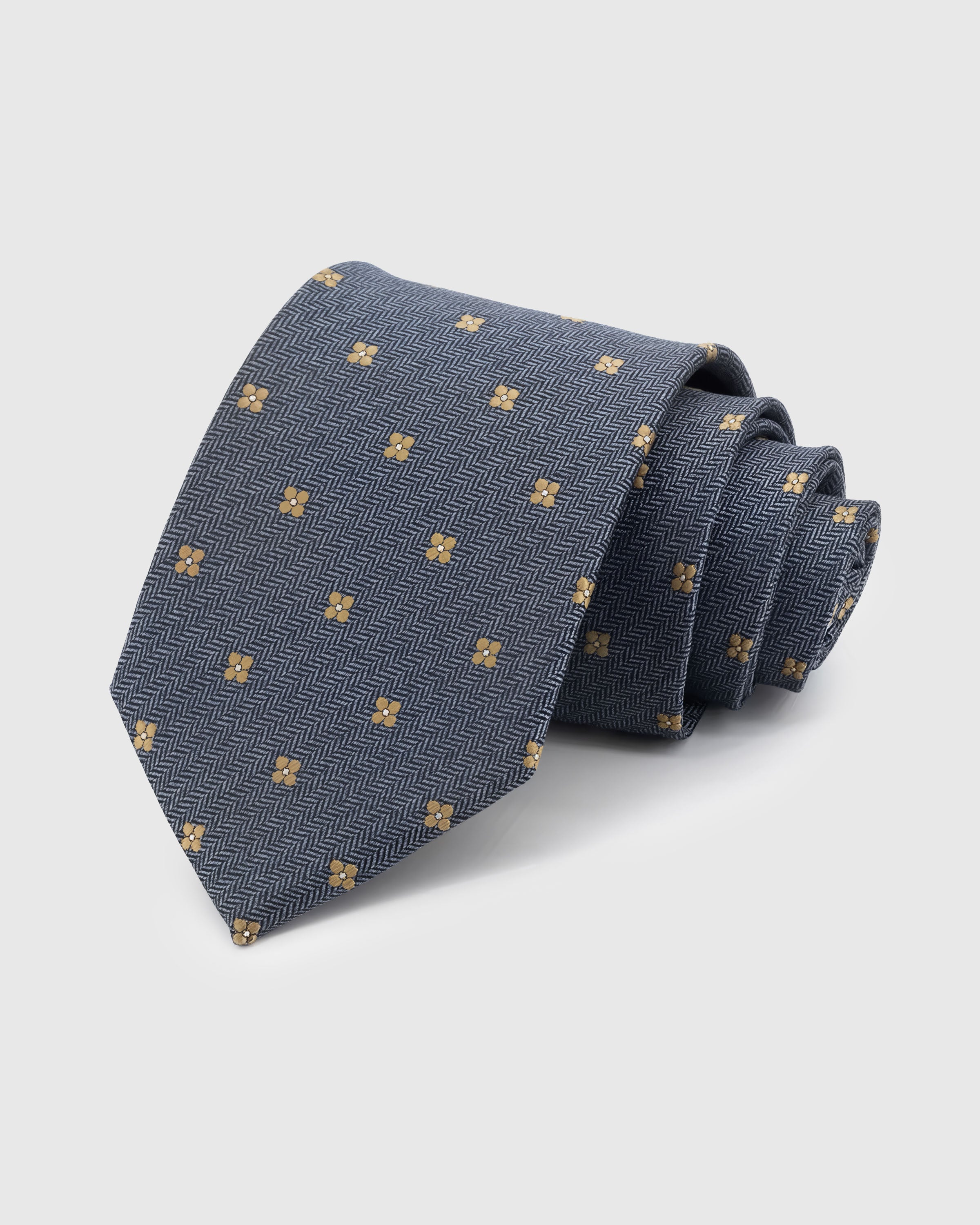 {100% mulberry silk herringbone weave} STICKYZOO SLATE CLOVER DOT TIE in hand-embroidered mulberry silk with herringbone motif, 45° bias-cut Italian method