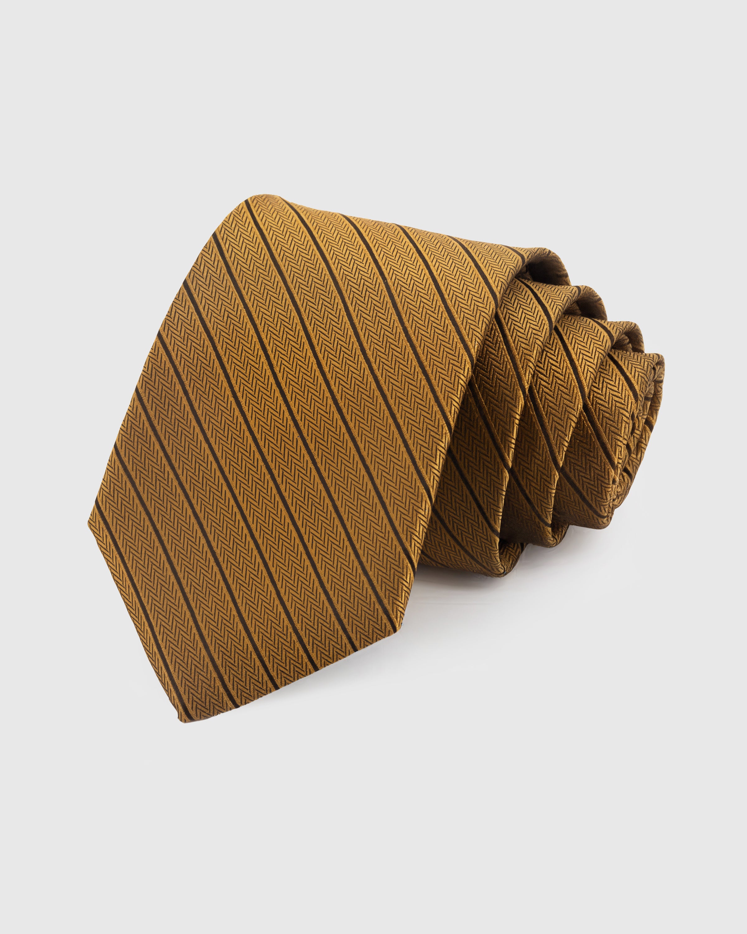 STICKYZOO Amber Herringbone Tie in hand-embroidered mulberry silk with charcoal pinstripes on warm ochre herringbone ground, 45° bias-cut