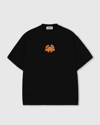 STICKYZOO Crab T-Shirt in black, oversized boxy 230gsm cotton tee with a hand-beaded orange crab and crystal accents centered on the chest