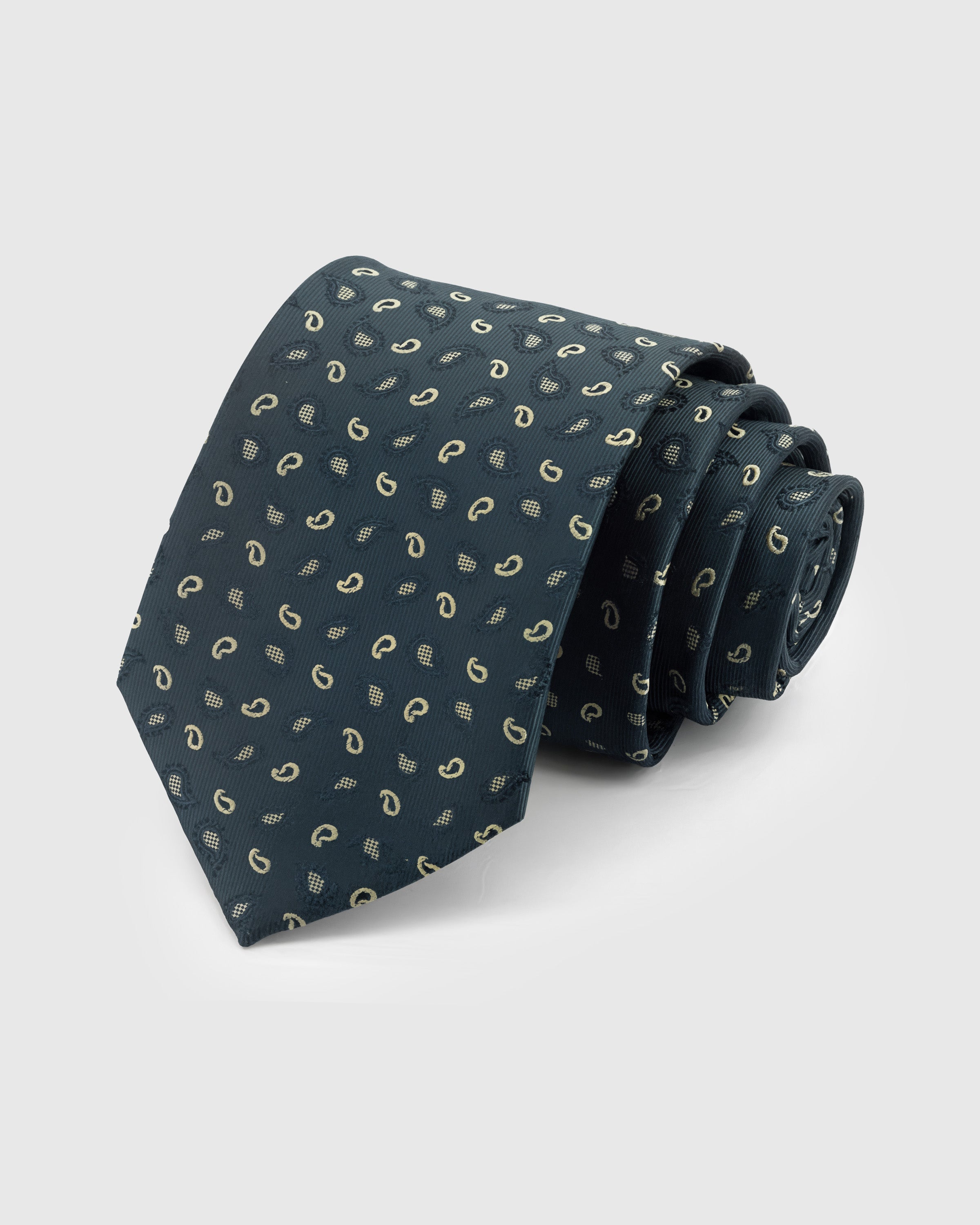 STICKYZOO Petrol Paisley Tie in hand-embroidered mulberry silk with ivory micro paisley motifs on dark teal ground, 45° bias-cut