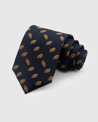STICKYZOO NAVY FEATHER TIE — 100% mulberry silk with hand-embroidered golden amber floating feather motifs on deep navy with fine weave ground