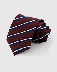 STICKYZOO Navy Bordeaux Stripe Tie in mulberry silk with bordeaux, navy, and gold bold stripes, 45° bias-cut Italian method