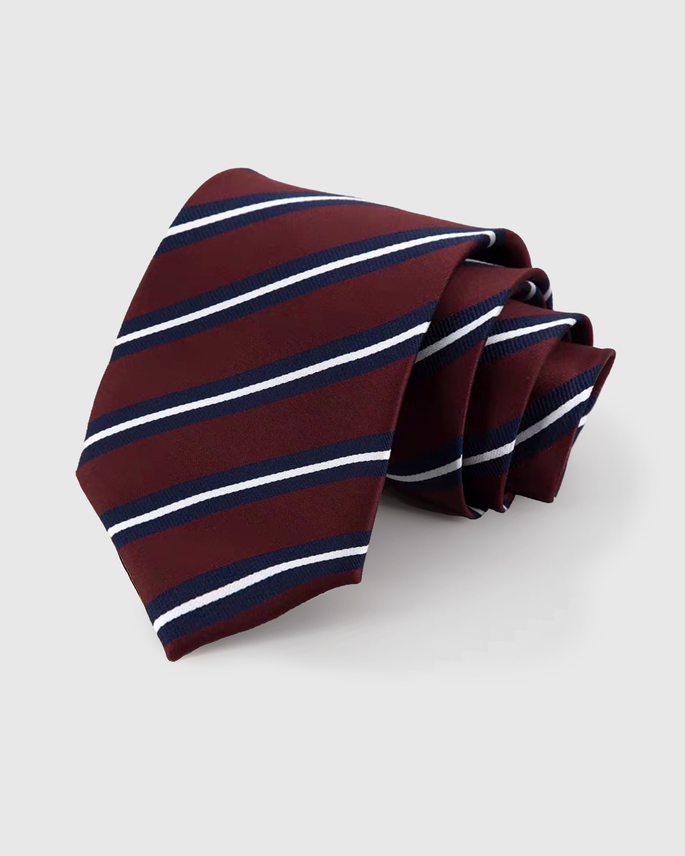 STICKYZOO Navy Bordeaux Stripe Tie in mulberry silk with bordeaux, navy, and gold bold stripes, 45° bias-cut Italian method