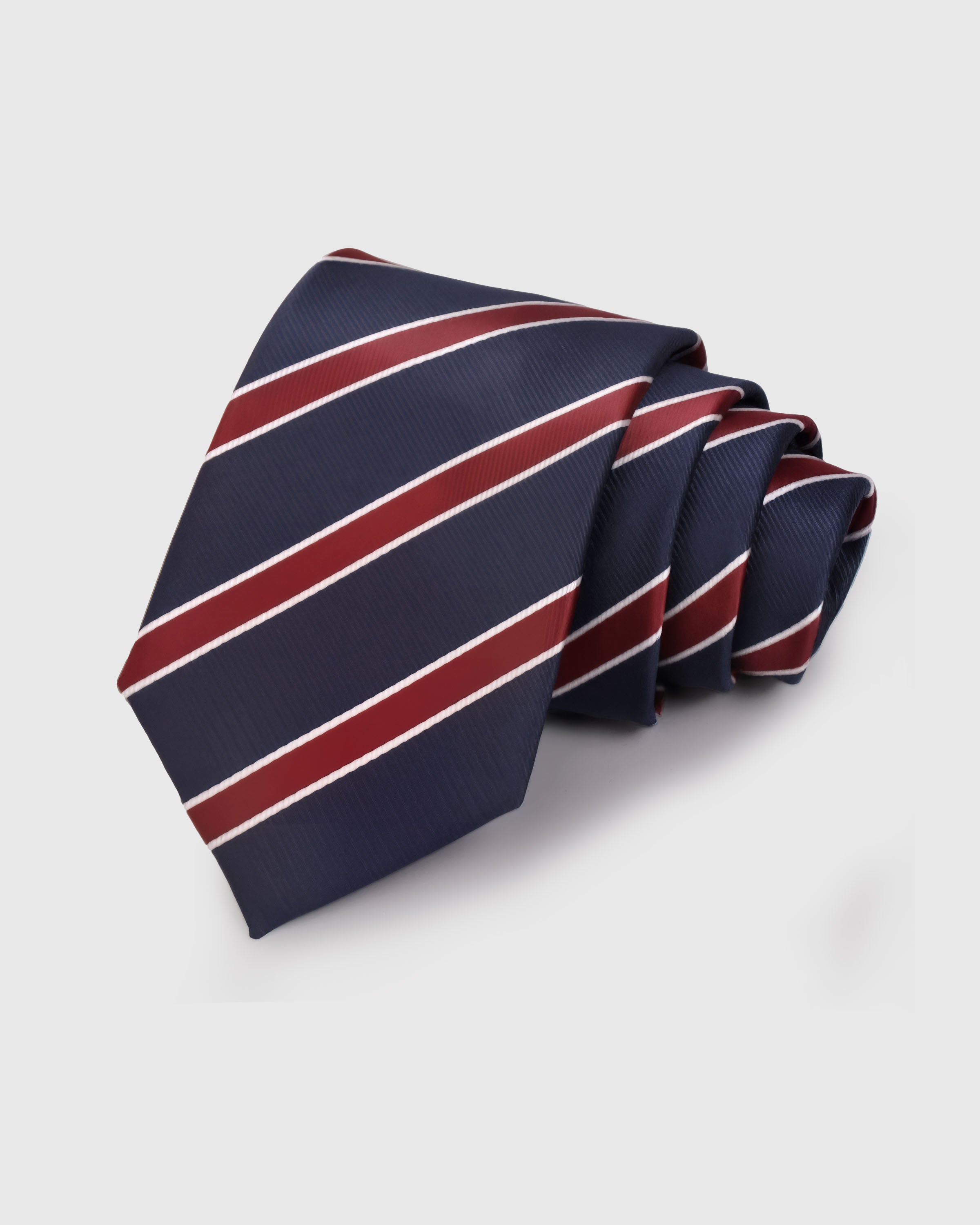 {100% mulberry silk weave} STICKYZOO MIDNIGHT CRIMSON STRIPE TIE in hand-embroidered mulberry silk with bold stripe motif, 45° bias-cut Italian method