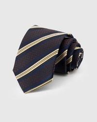 STICKYZOO Navy Brocade Stripe Tie in hand-embroidered mulberry silk with bronze brocade stripes and gold accents, 45° bias-cut