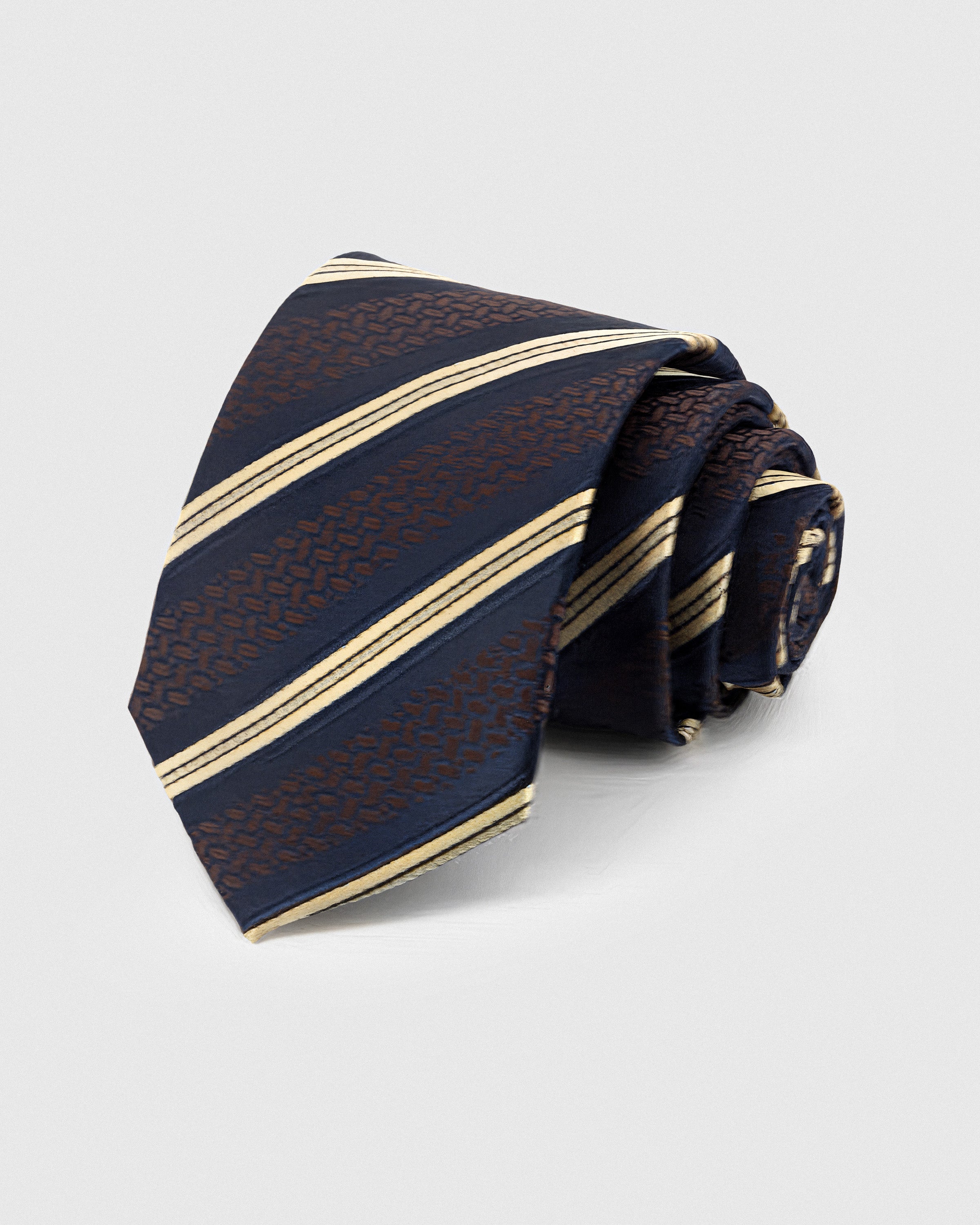 STICKYZOO Navy Brocade Stripe Tie in hand-embroidered mulberry silk with bronze brocade stripes and gold accents, 45° bias-cut