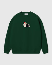 STICKYZOO Dachshund Apple Sweatshirt in green showing hand-stitched plush dachshund and apple