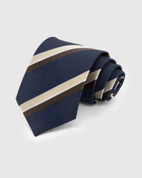 NAVY CLUB STRIPE TIE — Hand-embroidered regimental stripe detail on 100% mulberry silk in navy, showing embroidery texture and silk sheen