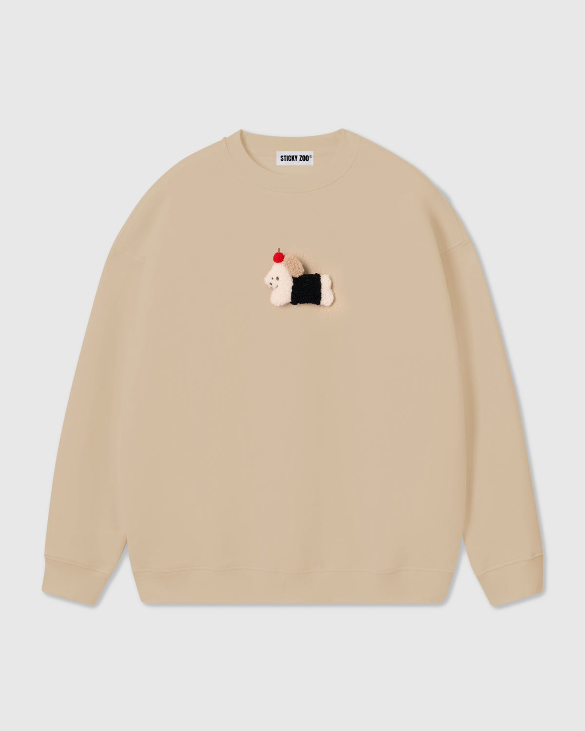 {{100% cotton premium}} STICKYZOO Dachshund Apple Sweatshirt in cream with hand-stitched 3D plush dachshund and apple applique