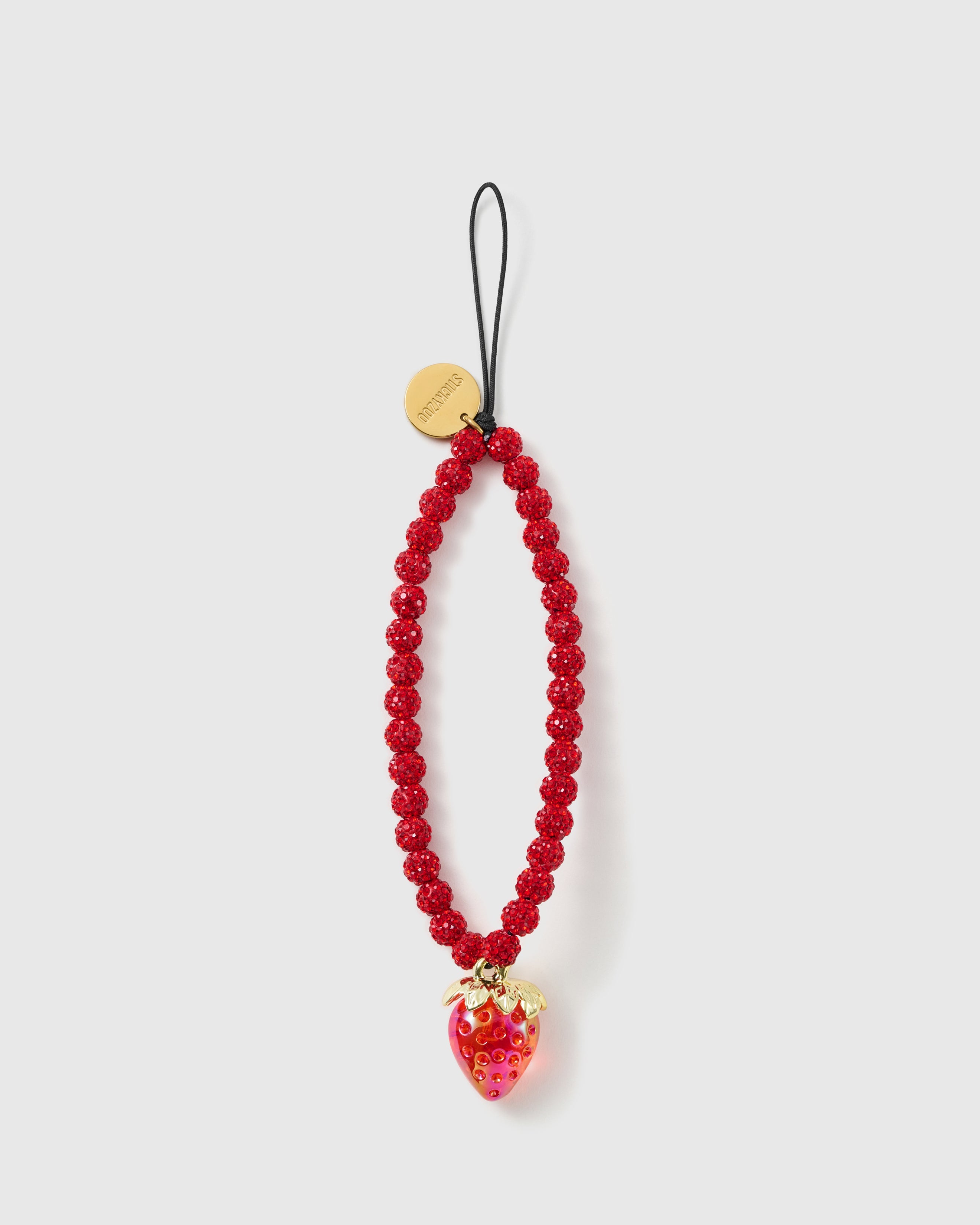 STICKYZOO ruby strawberry sparkle phone strap, red crystal-pave beads with a glossy strawberry charm