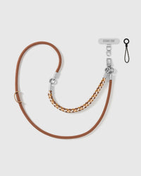 chestnut braided phone strap by STICKYZOO, worn as a wrist strap or cross-body, with silver-tone swivel hooks, a phone-tab connector and safety tether
