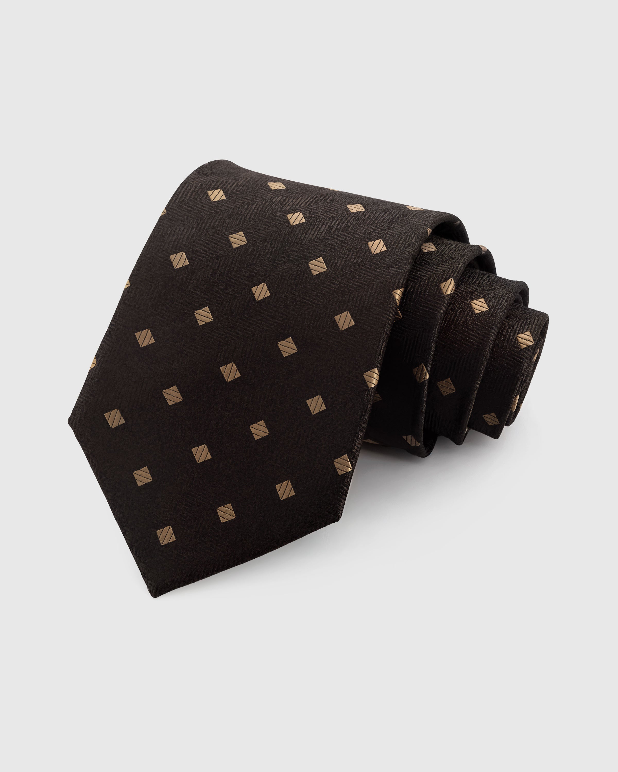 {{Hand-embroidered silk}} STICKYZOO Espresso Foulard Tie in hand-embroidered mulberry silk with gold diamond motifs on herringbone ground, 45° bias-cut