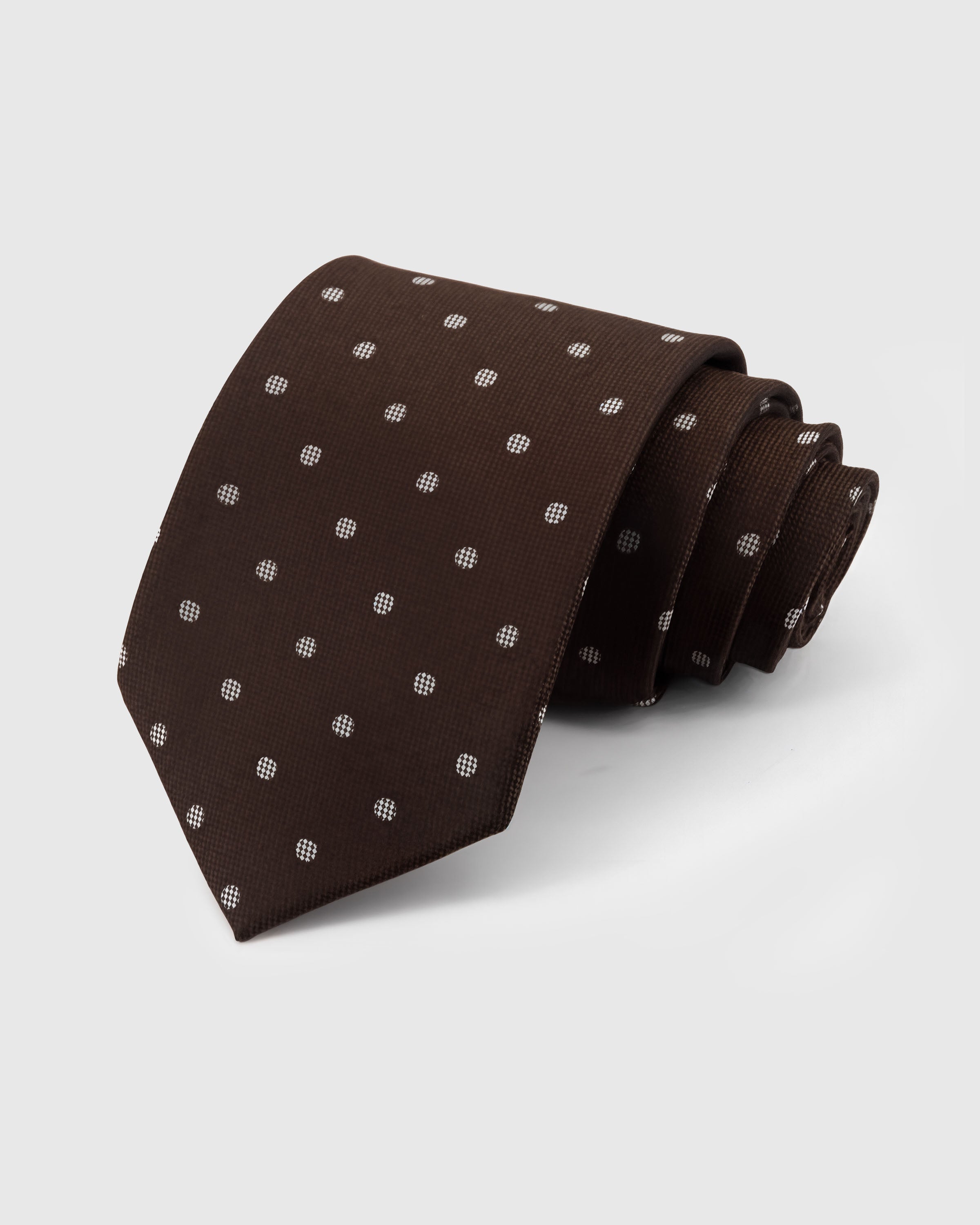 STICKYZOO Walnut Polka Tie in hand-embroidered mulberry silk with silver polka dots on walnut ground, 45° bias-cut Italian method