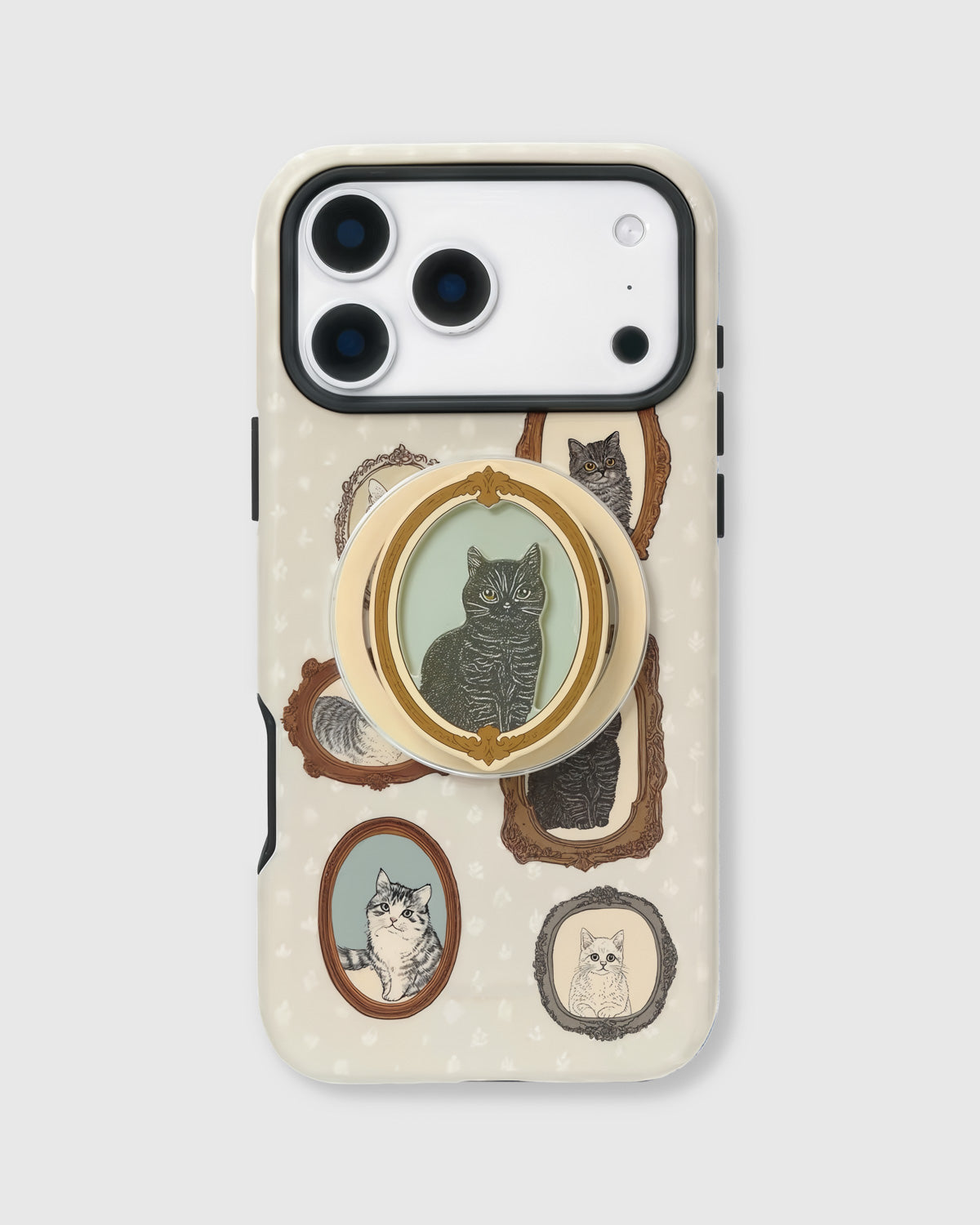 Cream phone case with hand-illustrated vintage framed cat portraits and built-in MagSafe grip by STICKYZOO