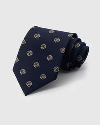 {100% mulberry silk weave} STICKYZOO MIDNIGHT ROSETTE TIE in hand-embroidered mulberry silk with rosette motif, 45° bias-cut Italian method