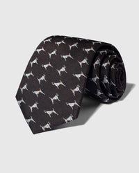 100% mulberry silk STICKYZOO Pointer Tie in dark brown with hand-embroidered white pointer dog motifs, rolled to show silk weave
