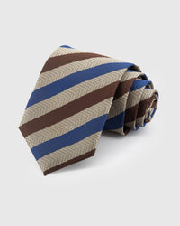 STICKYZOO Tobacco Tri-Stripe Tie in mulberry silk with cobalt and cocoa diagonal bands on herringbone ground, 45° bias-cut