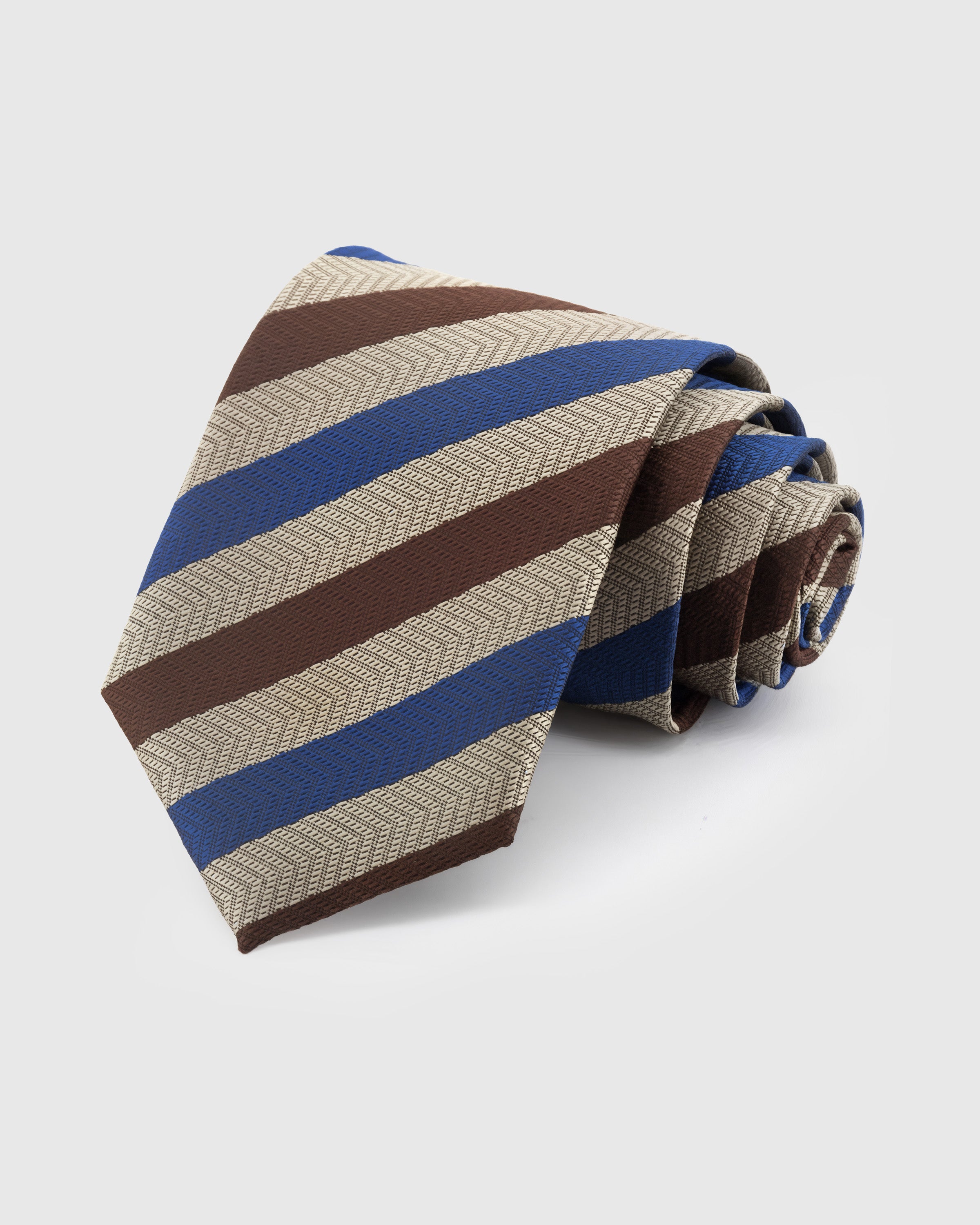 STICKYZOO Tobacco Tri-Stripe Tie in mulberry silk with cobalt and cocoa diagonal bands on herringbone ground, 45° bias-cut