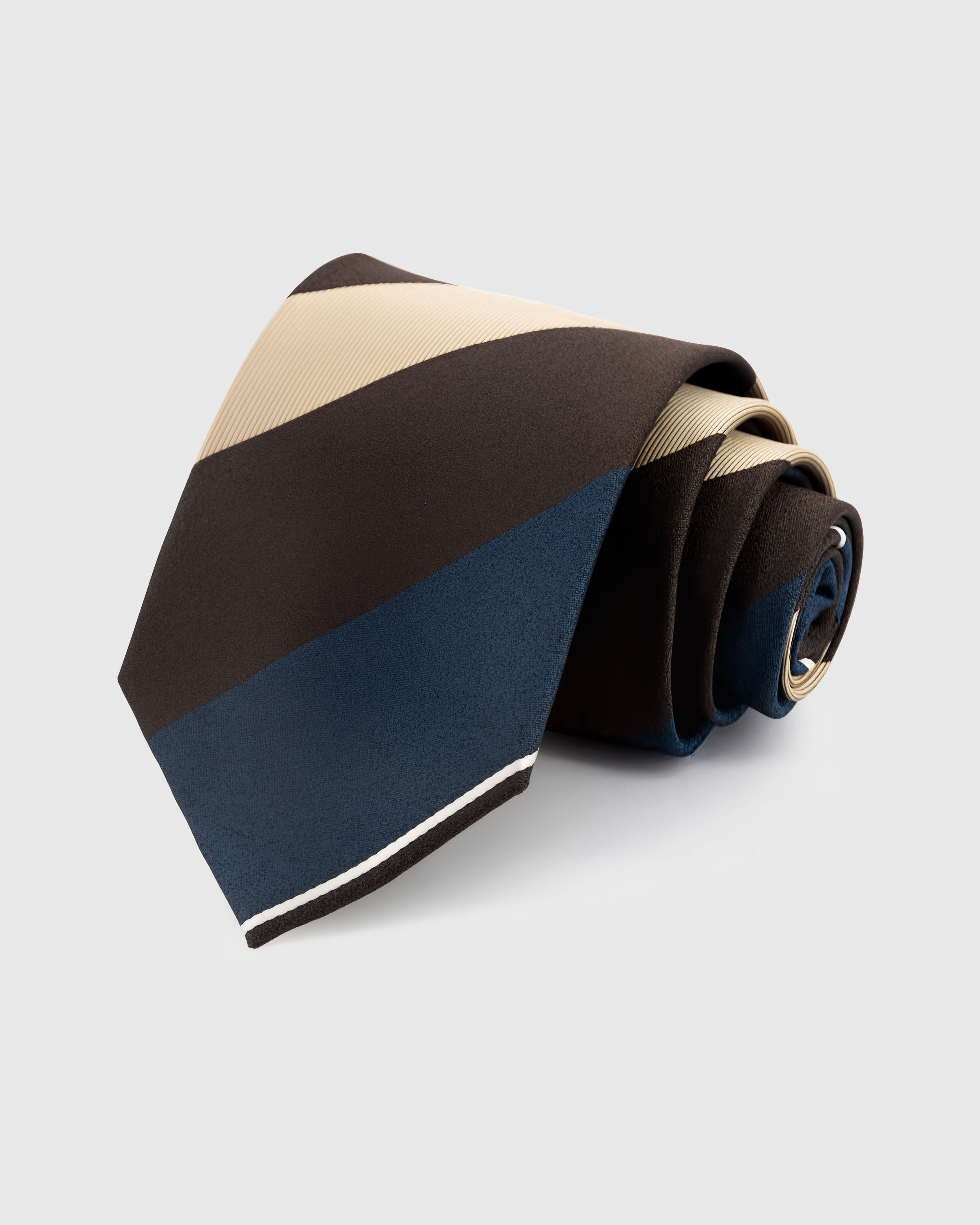 STICKYZOO Espresso Stripe Tie — hand-embroidered espresso / cream / navy mulberry silk with bold diagonal stripe pattern